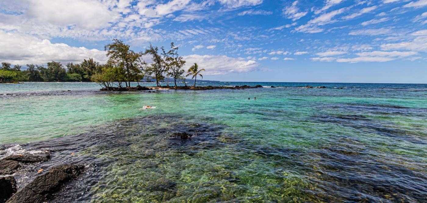 Snorkelers swim near coral reefs on the Big Island of Hawaii