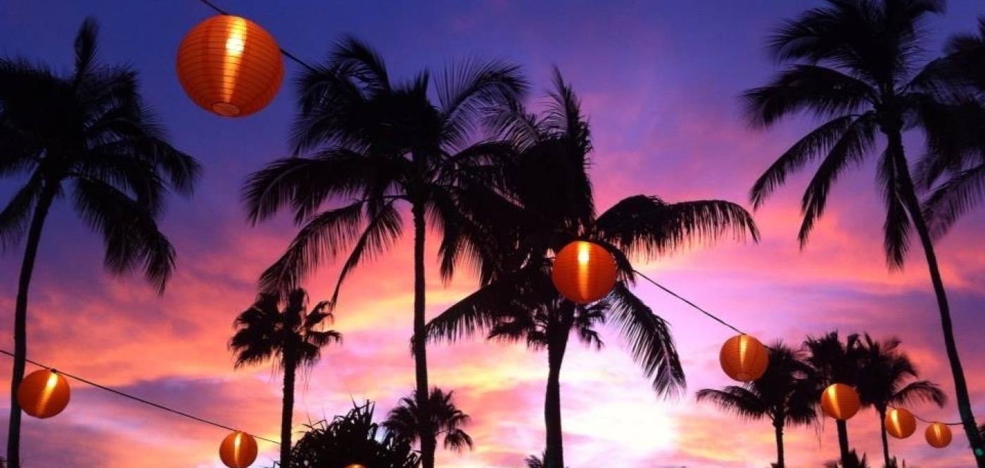 Sunset in Hawaii with palm trees silhouetted against pink, purple, and blue sky